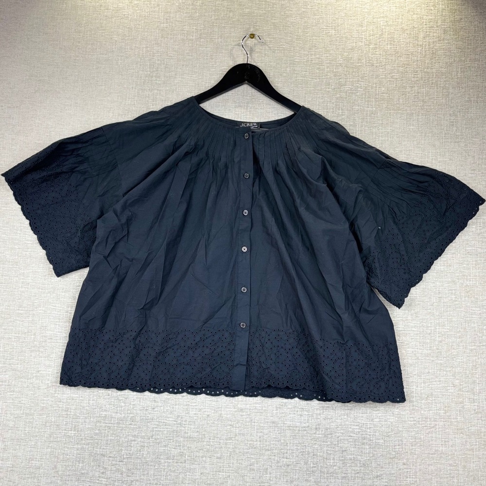 J.Crew Black Regenerative Cotton Eyelet Pintuck Button Front Blouse XXL